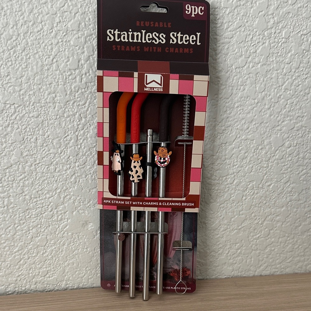Wellness Reusable Stainless Steel Straws with Charms 9 pcs